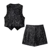 Kvinnors träningsdräkter Kvinnor Fashion Sequin Shorts Set For 2 Pieces Vest Coat Suits Elegant Two Piece Outfit 2024