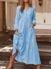 Robes décontractées couleur unie coton lin col en V à manches longues caftan femmes robe maxi poches boutons robes de fête bohème