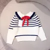 Kids Girls Sweaters Pullover Clothes Cute Bow for Baby Girls Navy Striped Knit Sweater and Dark Gray Knit Pants Spring Autumn Children Clothing Set