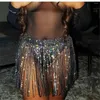 Spódnice brokatowy dhinstone ubranie długie frędzle kryształowe diamenty regulowane seksowne kobiety 2023 Summer Beach bikini mini spódnica