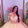 Champagne Glanzende Quinceanera Jurk Bandjes Off Schouder Zoete 16 Jaar Jurken Verjaardagsfeestje Prinses Gezwollen Baljurk Formele Vestidos 15