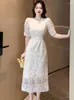 Casual Kleider Sommer Weiße Spitze Haken Blume Hohl Midi Kleid Frauen Mode Chic Luxus Party Abend 2023 Koreanische Vintage Festival