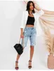 Women's Shorts 2023 New Summer Ripped Denim Fashion High Elastic Slim Knee Leng Jeans S-2XL Drop Shippingyolq