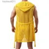 Men's Robes Sexy Robe Sleepwear Mesh Hoodie Sleep Lounge Pajama Gay Wear Men's Hollow Fashion Perspective Dressing Gown Bathrobe(No shorts) L231130