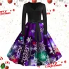 Casual Kleider Weihnachten Frauen Vintage Lange Ärmel Oansatz Gürtel Taille A-Linie Swing Cocktail Party Kleid Abend Promi