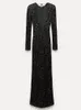 Grundlegende Freizeitkleider Mode glänzendes schwarzes Pailletten-Maxikleid für Frauen Sexy rückenfreies Langarmkleid Weibliche elegante Weihnachtsfeier-Abendkleider 231129