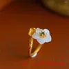 Cluster Ringe 925 Silber Weiß Hetian Jade Blume Verstellbarer Ring Schmuck Zirkon Charme Geschenke Kristall Amulett Männer Frauen Chalcedon Mode