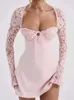 Casual Dresses 2023 Fashion Lace Patchwork långärmad bangage backless miniklänning för kvinnor Autumn Sexig Slim Fit Party Clubwear