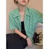 Women's Blouses Deeptown Harajuku Women's Checked Shirt Short Sleeve Pink Blouse Korean Fashion Green Tops Button Up Chic Vintage Summer