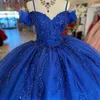 Blue Shiny Princess Quinceanera Dresses Ribbons Lace Appliques Crystal Off the Shoulder Ball Gown Sweet 16 Dresses Vestidos De 15 Anos