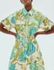 Australian designer turquoise linen floral print short sleeve lapel shirt midi dress