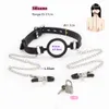 Prodotti per massaggi Anello in silicone Gag Flirtare Bocca aperta con morsetto per capezzoli a catena per coppie Giochi di ruolo durante BDSM Bondage sexy Gear SM Giocattoli sexy