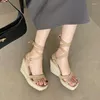 Sandalen Cane Wedges Für Frauen Peep Toe Bandage Espadrille Stilvolle Schuhe Quadratische Plattform Rattan Gras Weben Sommer