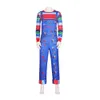 Chucky Halloween Cosplay Costume Charles Lee Ray bifogade dockprestanda slitage dimensioner för vuxna och barn