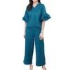 Women's Two Piece Pants Women Solid Color Suit Wide Leg Trousers Set Stylish V Neck Ruffle Sleeve Top Pant Plus Size Casual