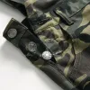 QNPQYX Novos jeans masculinos com bolso grande camuflado estampado macacão jeans militar exército verde roupas de trabalho macacão moda casual