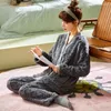 Women's Sleepwear Winter Flannel Pajama Sets Women V-neck Warm Thicken Korean Fashion Coral Fleece Pyjamas Lounge Solid Plush Sweet Chic