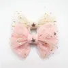 10 stks veel Fee Meisje Haar Boog Clip Goud Koper Ster Hanglamp Roze Glitter Ster Tule Boog Knoop Barrette Zoete Hairpin351w