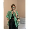 Women's Blouses Deeptown Harajuku Women's Checked Shirt Short Sleeve Pink Blouse Korean Fashion Green Tops Button Up Chic Vintage Summer
