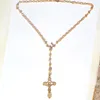 Collane con ciondolo Donne fedeli Cool Fine Yellow 18 K Solid Gold Filled Santo Rosario Gesù Croce Collana a catena con perline larghe Insieme fisso