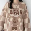 Maglioni da donna Vintage Plaid Marrone Chiaro Orso Cartoon Donna Giappone Kawaii Top invernali Harajuku Moda Adolescenti Vestiti Pullover lavorati a maglia