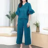 Women's Two Piece Pants Women Solid Color Suit Wide Leg Trousers Set Stylish V Neck Ruffle Sleeve Top Pant Plus Size Casual