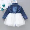 Meisjesjurken babymeisjes lange mouw blauw shirt kraag denim tule peuter kind feest tutu sundress patchwork jurk kinderen verjaardag kleding