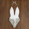 Mutade feminina 2023 Summer Impresso Slim Fit Slimming One Piece Swimsuit Bungle Deep Triângulo em V decote em V Biquíni