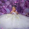 White Gorgeous Flower Girl Dresses Tiered Colorful Hand Made Flowers Pearls Lace Beaded Princess Queen Ball Gowns Girls' Dress For Wedding Birthday Party Gown F022