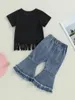 Комплекты одежды Kishawna, комплект штанов для маленьких девочек, футболка с короткими рукавами и круглым вырезом, футболка с принтом букв, джинсовая расклешенная летняя одежда (черный)