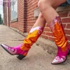 Laarzen Mode Vrouwen Cowboy Voor Dikke Hakken Metalen Kleurrijke Cowgirl Westerse Mid Kalf Vrouw Vintage Schoenen Plus Size 231130