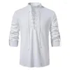 Men's Casual Shirts 7 Color Cotton Linen Korean Style Summer Solid Stand Tie Collar Long Sleeve Men Beach Oversized Clothing White Top