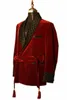 Red Veet Jacket voor heren sjaal rapel Tuxedos op maat gemaakte bruiloftsblazers met riem met riem