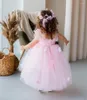 Robes de fille en Tulle rose haut-bas fleur filles à plusieurs niveaux moelleux robe de concours robe d'anniversaire invité de mariage Occasion spéciale