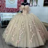 Champagne glänsande bollklänning quinceanera klänning korsett spetsar applikationer blomma pärlor paljetter söt 16 klänning vestidos de xv 15 anos