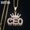 Mens Crown CEO Initial Letters Pedant Cuban Chain Necklace Stainless Steel Personalized Gold Diamond Bling Diamond Hip Hop Jewelry276F