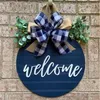 Decorative Flowers 12Inch Welcome Wreath For Front Door Round Wood Hanging Sign With Ribbon Bow & Artificial Green Leaves Farmhouse