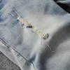 Herr jeans italiensk stil mode män hög kvalitet retro tvättade ljusblå elastisk smal rippad vintage designer denim byxor