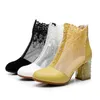 Boots Women's Leather Lace Flowers Net Surface Cool Thick Heels And High Fishmouth Sandals Sexy Single Women.