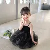 Fille robes robe noire pour enfants filles vêtements d'été 2023 sans manches sangle fronde Tulle Tutu Style coréen princesse robe d'été