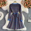 Casual Dresses 2023 New Glittering Round Neck Single Breasted Long-sleeved Ladies Elegant Knitted Jacquard Above Knee A-line Dress