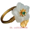 Cluster Ringe 925 Silber Weiß Hetian Jade Blume Verstellbarer Ring Schmuck Zirkon Charme Geschenke Kristall Amulett Männer Frauen Chalcedon Mode