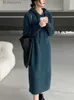 基本的なカジュアルドレス長いドレス秋の冬のフード付き襟ゆるいセーターの女性の長い膝のニットドレスエレガントな女性のセーター231130