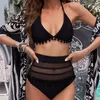 Kadın Mayo Patchwork Renk Püskül Topları Bikini Set İyi Elastikiyet Yular Sütyen Su Aktivitesi için Yüksek Bel Kılavuzu