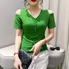 女性用Tシャツブラックグリーンパープルオフショルダーシャツ女性ビーズ韓国スタイルセクシーな女性用Tシャツ半袖Vネックメッシュトップ