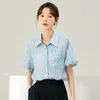 Bluzki damskie puszysty rękaw octany koszulka w paski Kobiet 2023 Summer Lapel Commuter Short Sleved Tops Shirts Bluzka