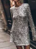 Sıradan elbiseler içi boş sırtsız kadın payetler elbise yuvarlak boyun uzun kollu kadın mini patchwork sokak kıyafetleri sonbahar kış