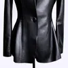 Feminino couro falso couro lautaro outono preto fino macio pu jaqueta de couro feminino decote em v profundo manga longa puff elegante luxo contornado blazer moda 231129