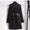 Женская полушерстяная куртка 2023, осенне-зимняя куртка, женская одежда, шерстяные пальто, тонкий пояс, элегантное длинное пальто, женская бежевая, черная верхняя одежда 231129