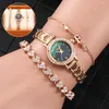 Armbanduhren Quarzuhren für Frauen Luxus Diamant Rose Gold Armband Set Geschenk grünes Zifferblatt einfache elegante Damen
